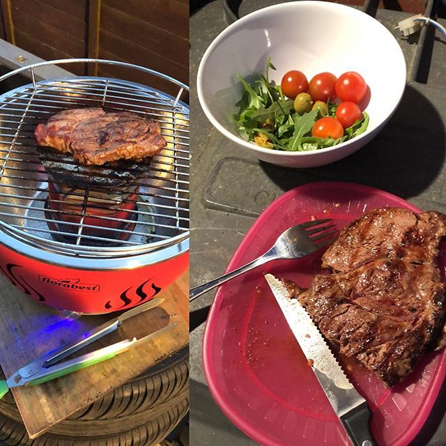 1st bbq of the year, cooking on a stack of wheels, eating off the bin. #rockandroll #solobbq #greatribeye #salad